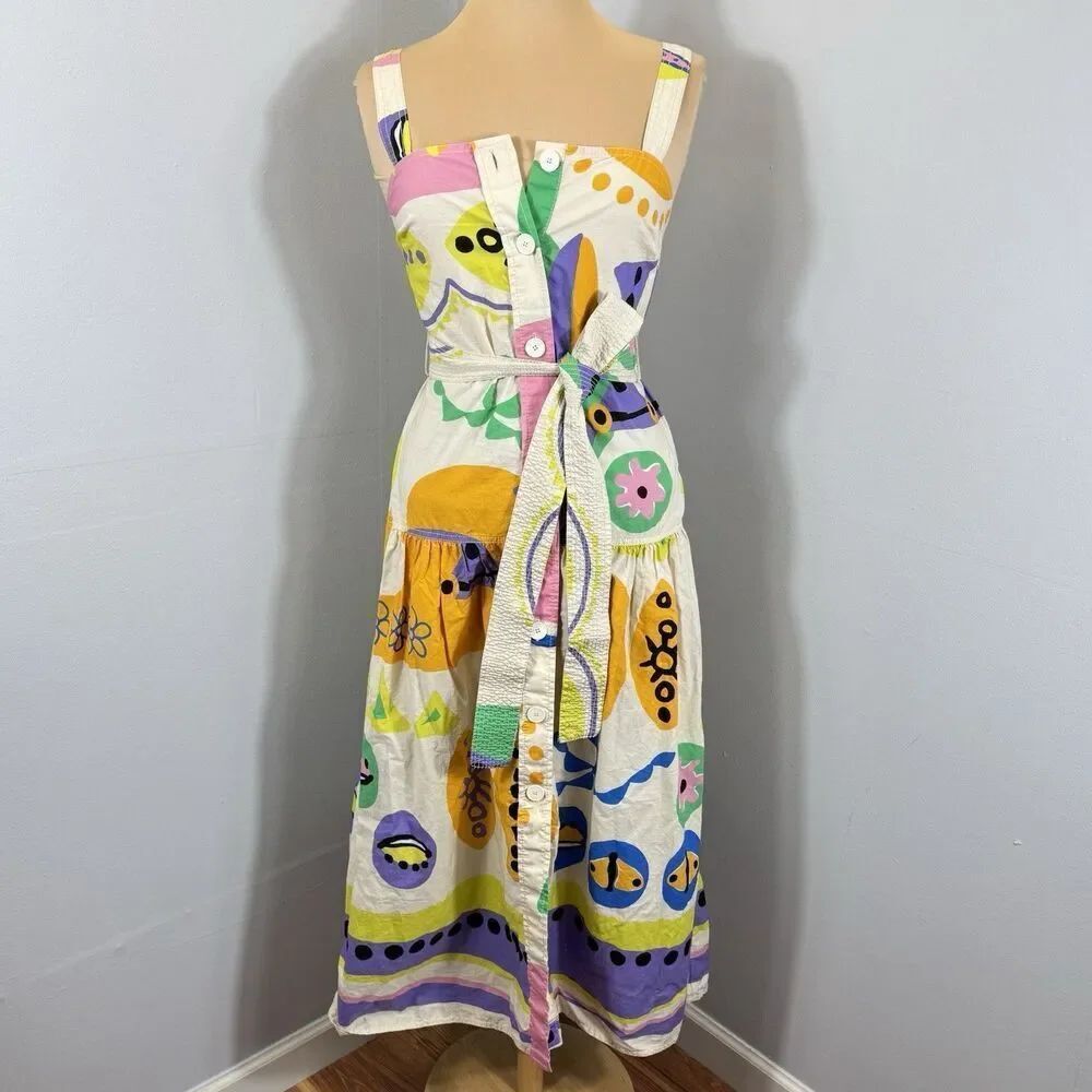 Zara Sz S Cotton Printed Artistic Playful Dress Geometric Square Neck Sleeveless